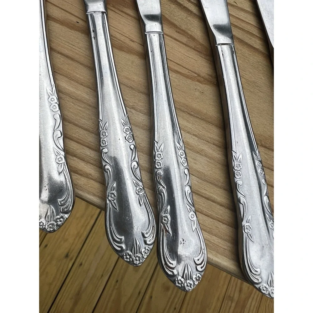 unknown FLORAL & SCROLL BORDER DINNER KNIVES SOLID HANDLE BY STAINLESS RI